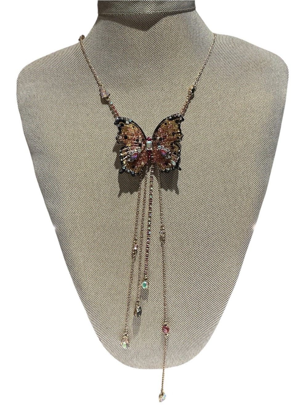 Betsey Johnson Resin Butterfly Rhinestone Cascading Fringe Necklace